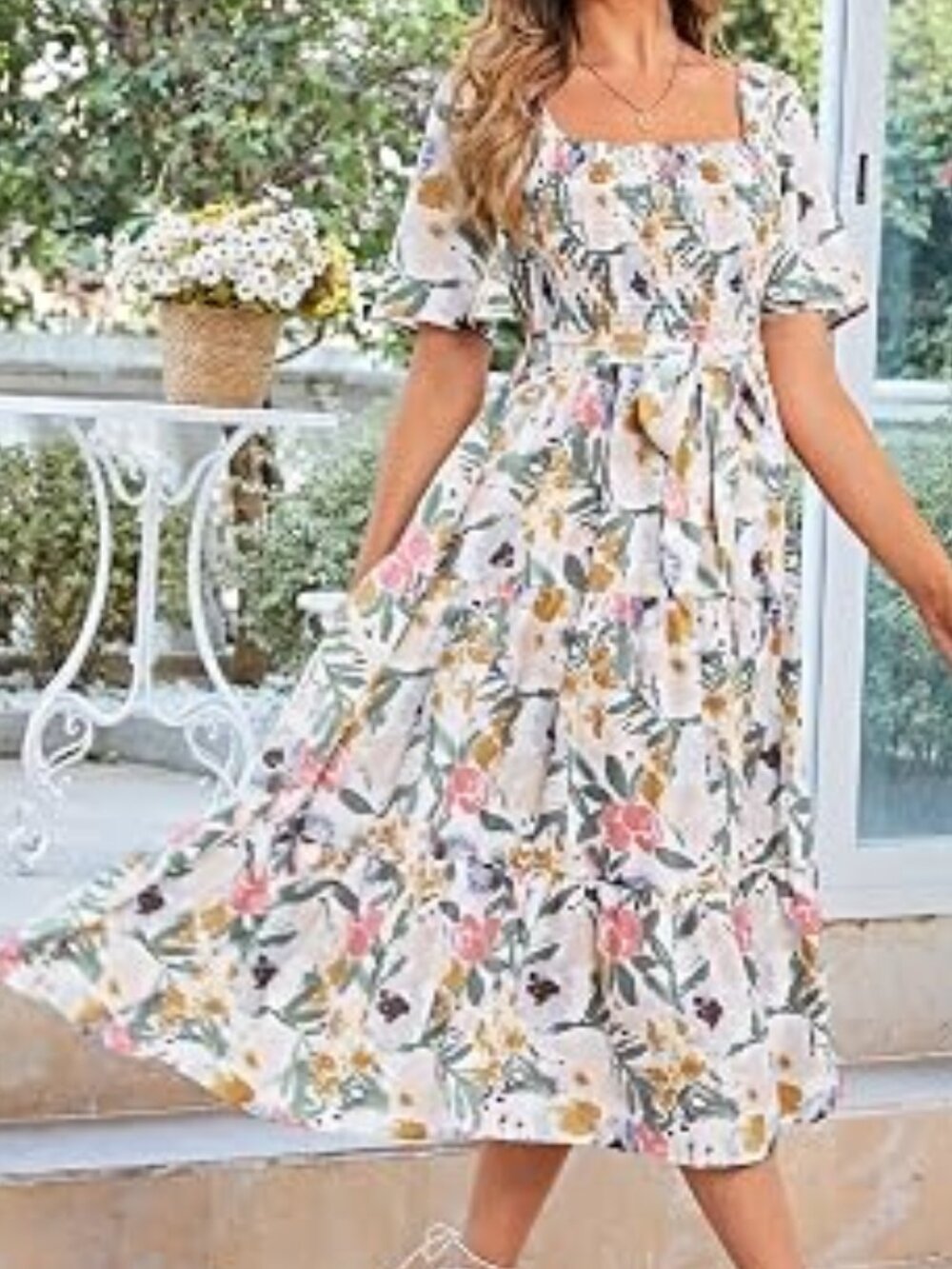 Amegoya Women's Boho Flowy Long Sleeve Square Neck Floral Midi Dress (L)